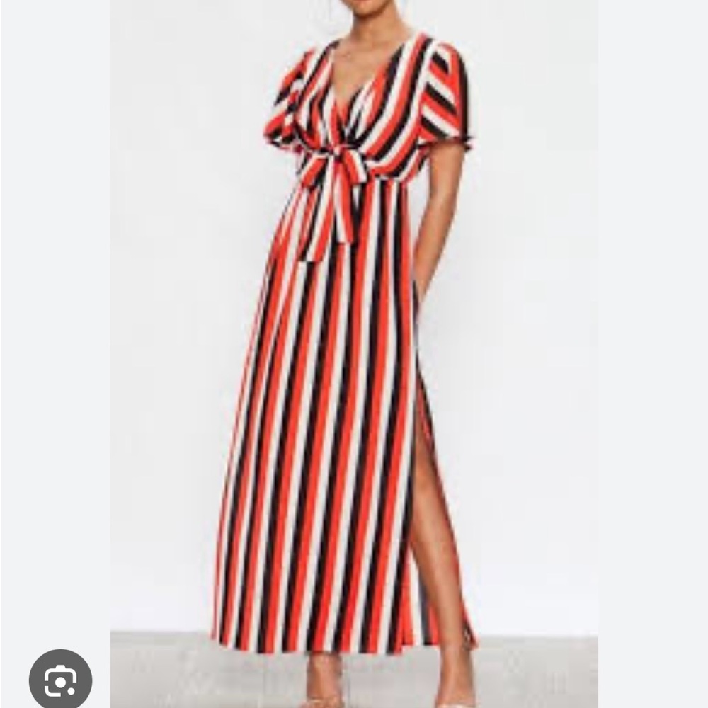 NWT Maxi Dress Jealous Tomato Red White Black Striped Short Sleeve Tie Size L